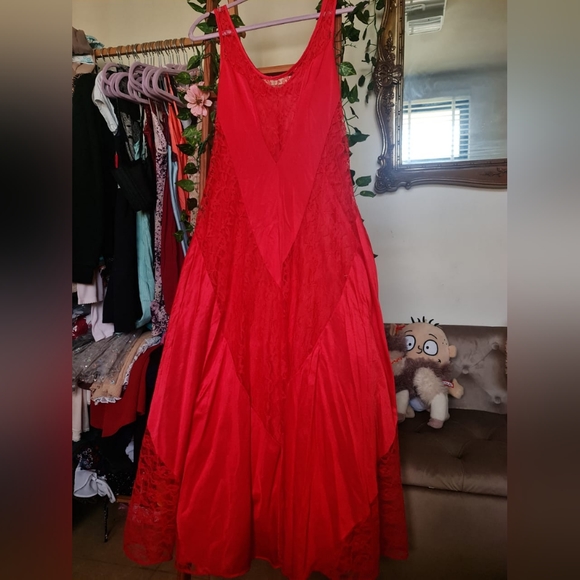 Fire engine red lace detailed maxi slip dress - Picture 2 of 6